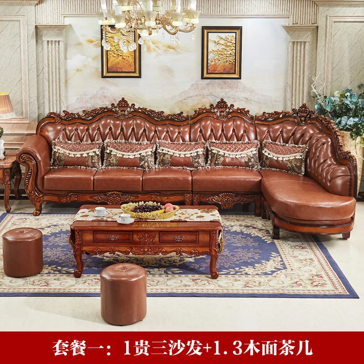 European leather corner high-end left and right concubines American solid wood  living room L-shaped combination sofa