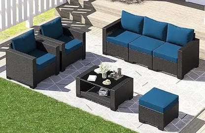 7-piece outdoor patio set, rattan chairs, glass table, wicker sectional for conversation seating