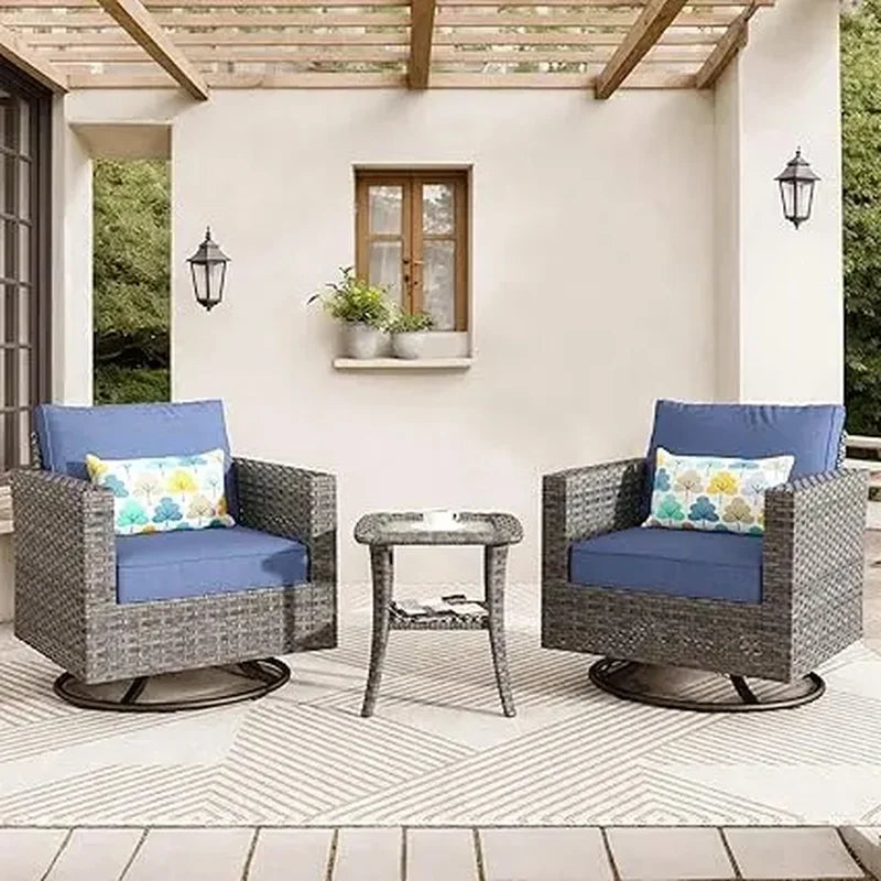 3-Piece Outdoor Swivel Chair Set with Cushions, Rattan Rocking Chairs and Side Table, Comfortable Patio Glider Furniture