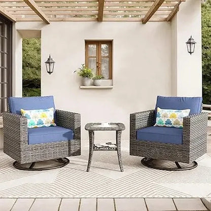 3-Piece Outdoor Swivel Chair Set with Cushions, Rattan Rocking Chairs and Side Table, Comfortable Patio Glider Furniture