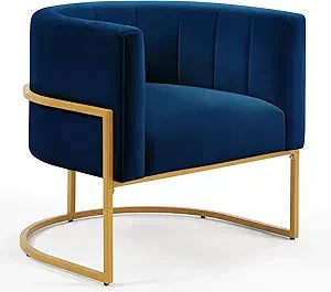Velvet Accent Chair, Modern Armchair Single Sofa Barrel Chair with Gold Metal Base, Comfy Curved Back Living Room Chair for Bed