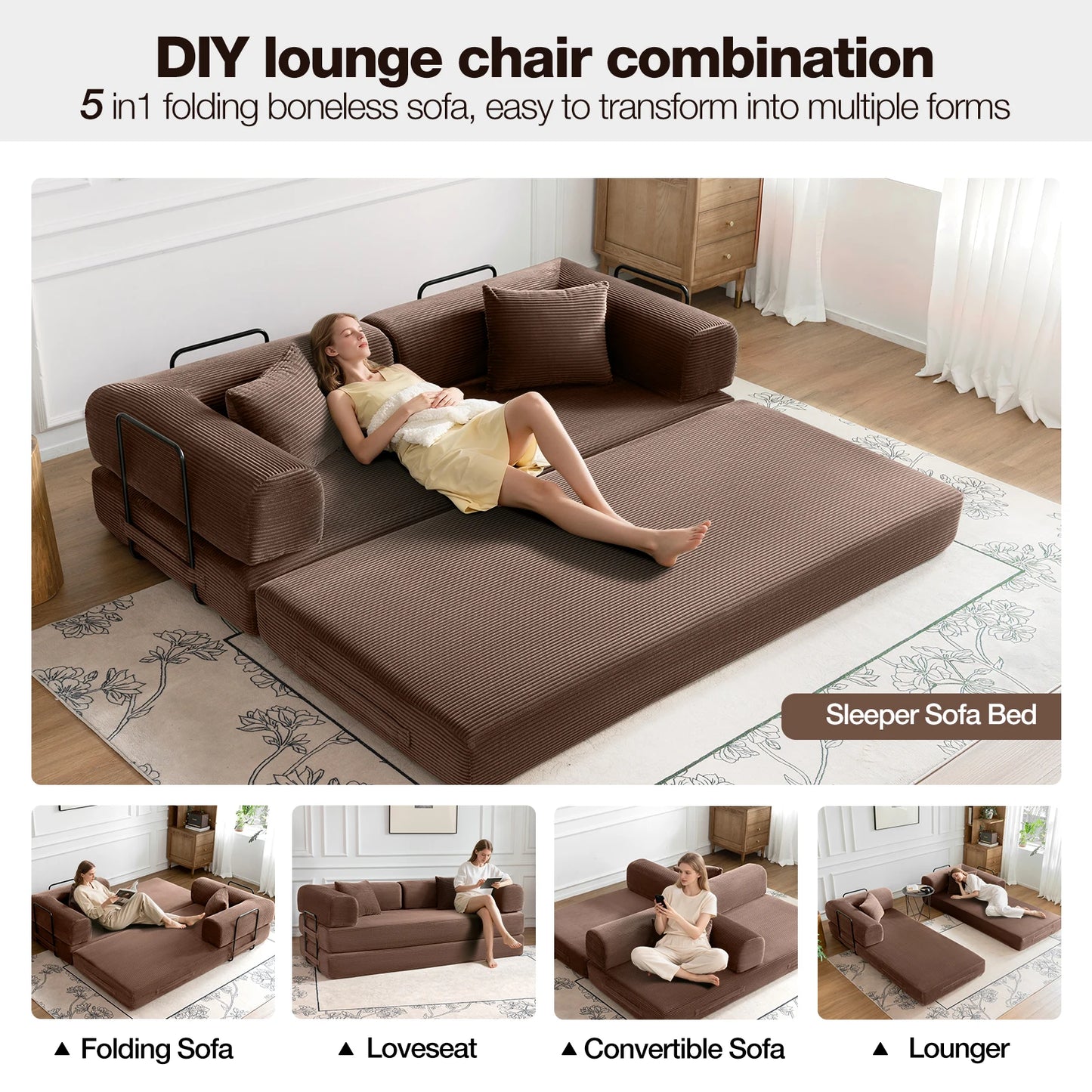 79" Convertible Sofa Bed with Fixed-Shape Frame, Modular Corduroy Sleeper Sofa, Folding Mattress Couch for Small Spaces