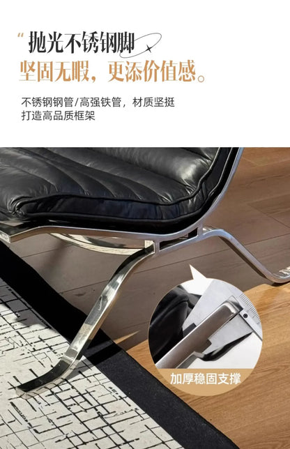 Mid-Century Modern Leather Lounge Chair, Minimalist Accent Leisure Chair with Chrome Metal Base, Retro Style for Living Room