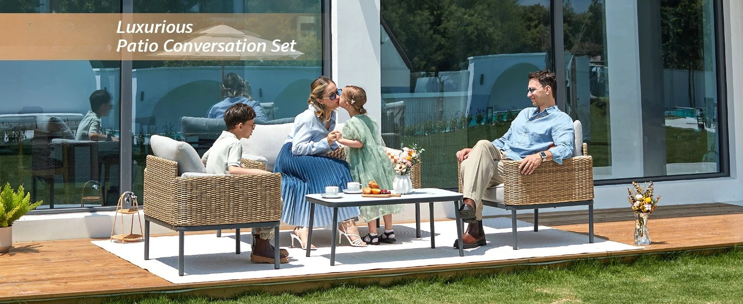 4-Piece Wicker Patio Furniture Set, All-Weather Rounded Rattan Conversation Set Sectional Sofa with 5'' Thick Cushions