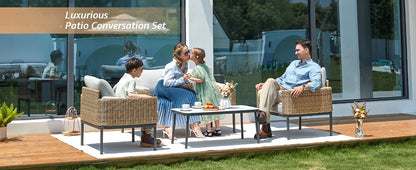 4-Piece Wicker Patio Furniture Set, All-Weather Rounded Rattan Conversation Set Sectional Sofa with 5'' Thick Cushions