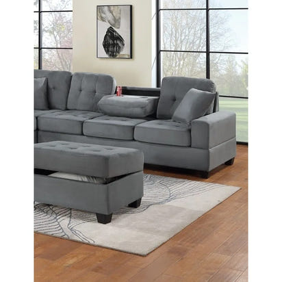 Dark Gray Plush Microfiber Living Room Furniture 3PCS Reversible Sectional Sofa Set Sofa w Cup Holder Reversible Chaise And Sto