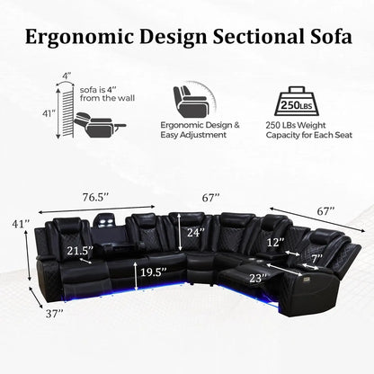 Power Recliner Sectional Sofa with LED Lights, USB Ports & Cup Holders - 6 Seater Living Room Set