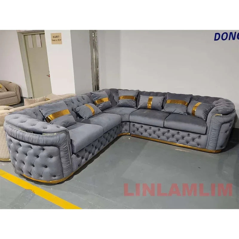 Luxury Chesterfield Sectional Sofa Set With Cloth Buttons And Fabric Modular Couch With Gold Stainless Steel Base, 3-seater