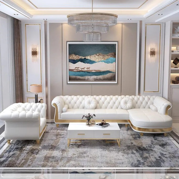 Hot Sales New Designed U Shaped Modern Luxury Top Leather Living Room Sofas Button Tufted Upholstered Sofa Set for Home Villa
