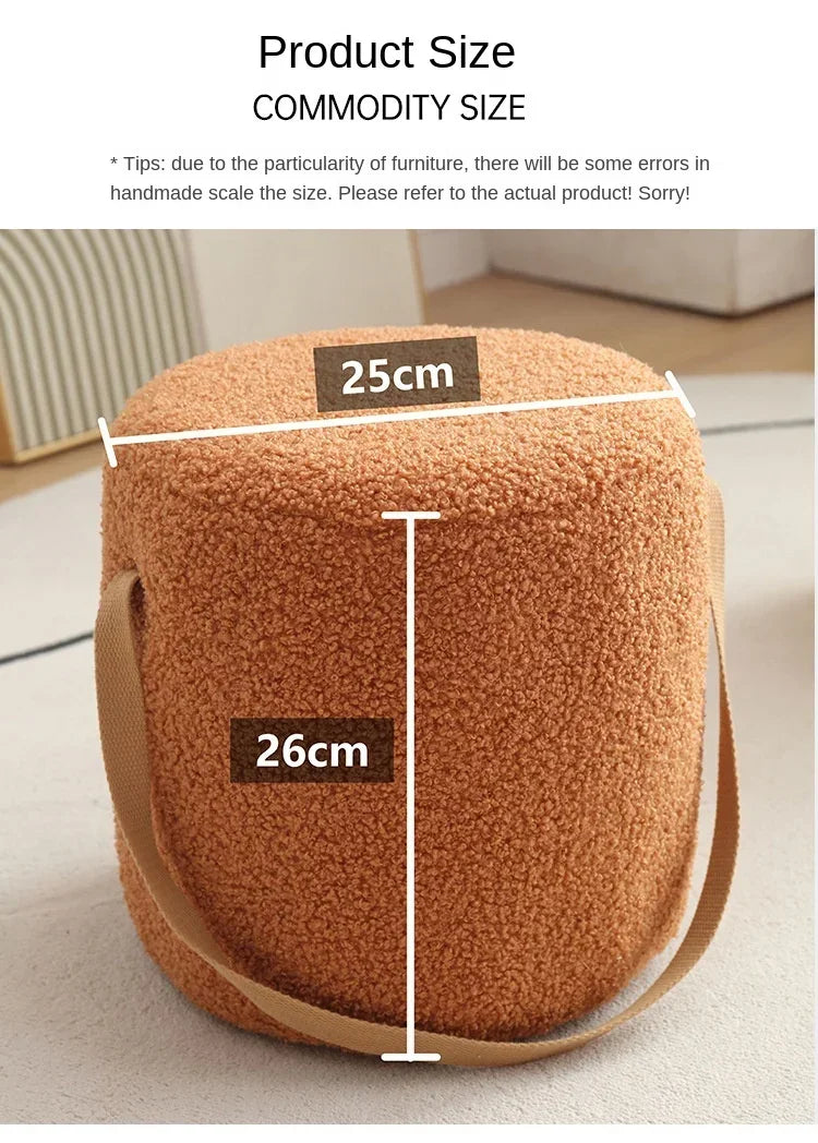 Lamb Velvet Round Stool for Living Room, Multi-Purpose Ottoman for Sofa & Coffee Table, Compact Home Decor Stool