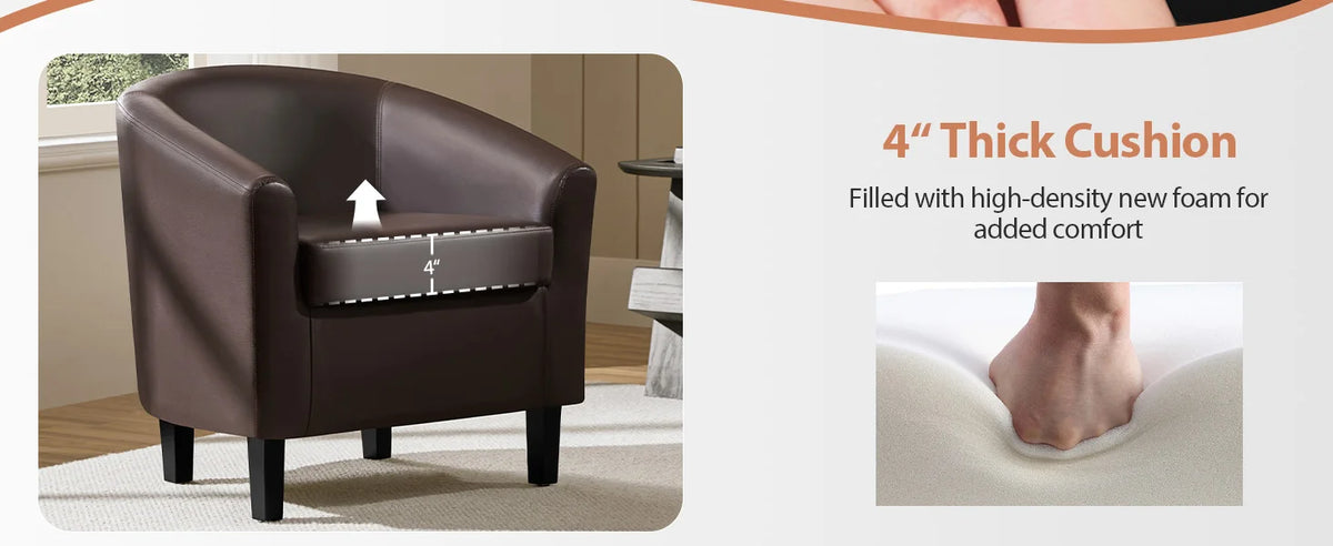 Leather Club Chair, Faux Leather Accent Chair, Modern Living Room Armchair with Wood Legs and Padded Seat for Bedroom Reception