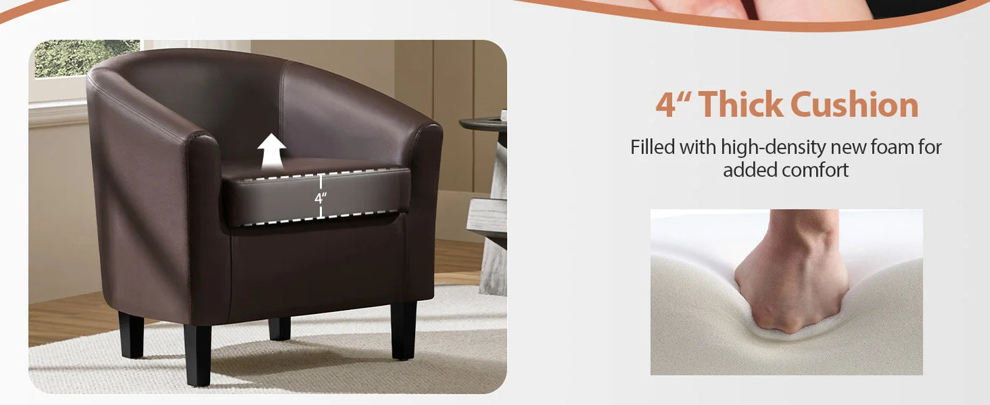 Leather Club Chair, Faux Leather Accent Chair, Modern Living Room Armchair with Wood Legs and Padded Seat for Bedroom Reception