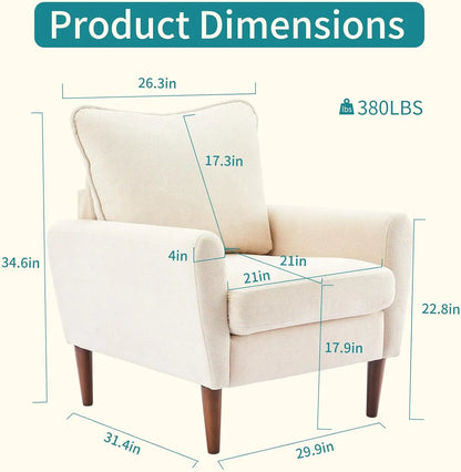 Fauteuil d'appoint confortable pour salon, chambre et salle d'attente, fauteuil de lecture rembourré de style mid-century avec coussin et structure en bois massif
