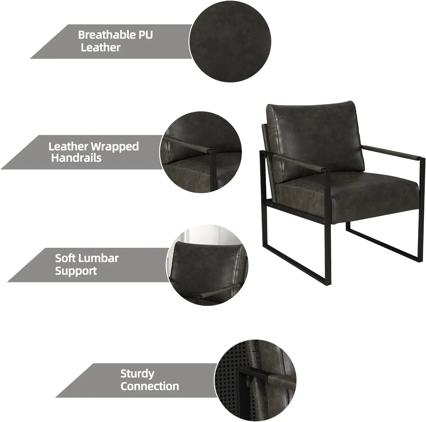 Leather Accent Chair with Metal Frame, Comfy Living Room Chair with Plump Backrest and Cushion, Mid Century Modern Chair w