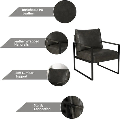 Leather Accent Chair with Metal Frame, Comfy Living Room Chair with Plump Backrest and Cushion, Mid Century Modern Chair w