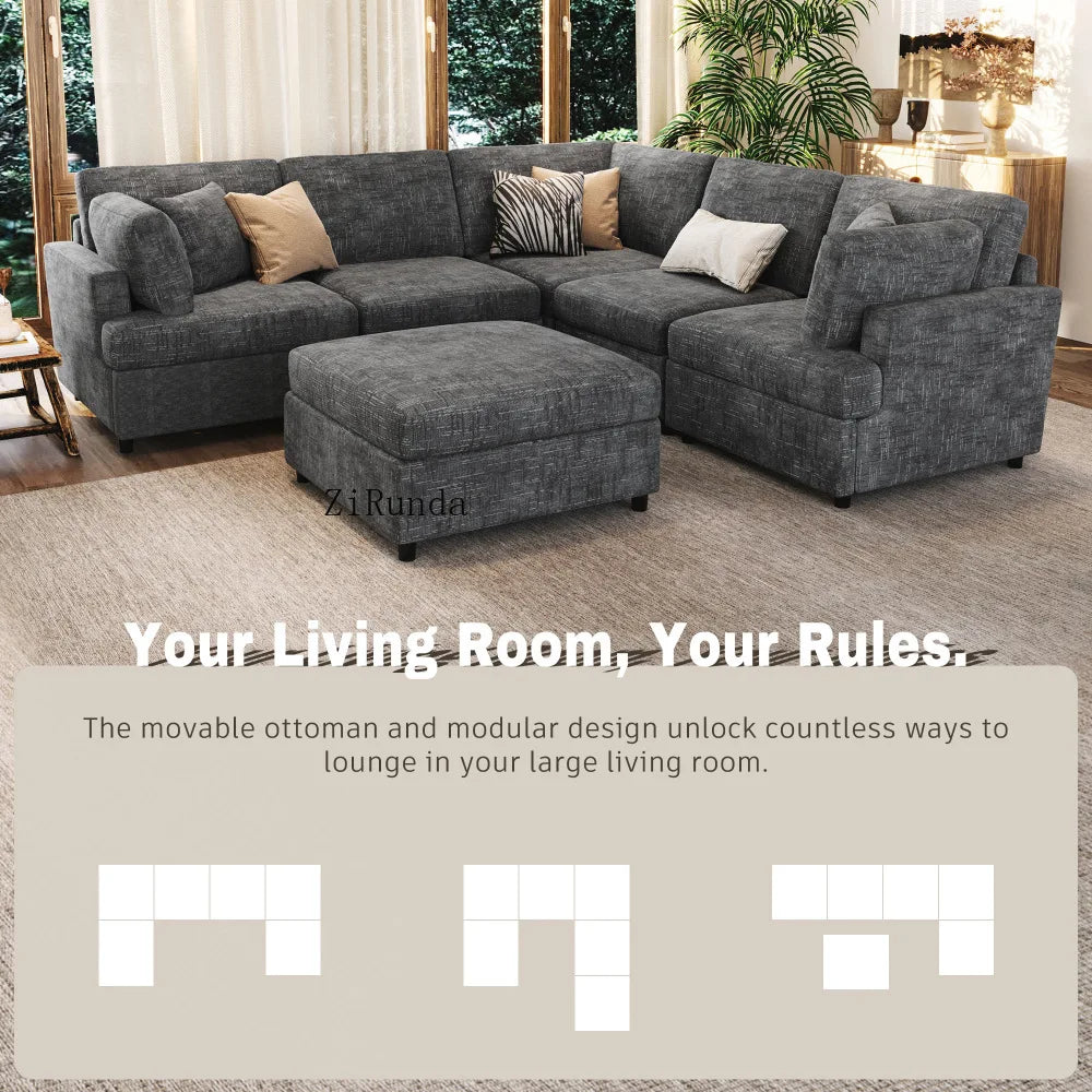 127 inch U-shaped segmented sofa with movable Ottoman style, 6-piece set of chenille fabric sofa