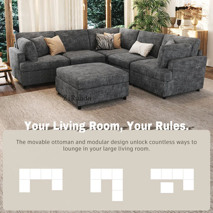 127 inch U-shaped segmented sofa with movable Ottoman style, 6-piece set of chenille fabric sofa