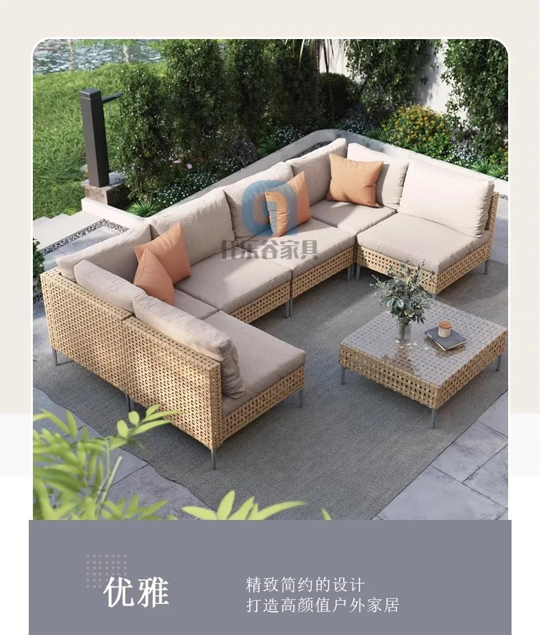 XJC Outdoor Rattan Sofa Combination Bed And Breakfast Balcony Courtyard Outdoor Open-air Garden Sun Room Leisure Small