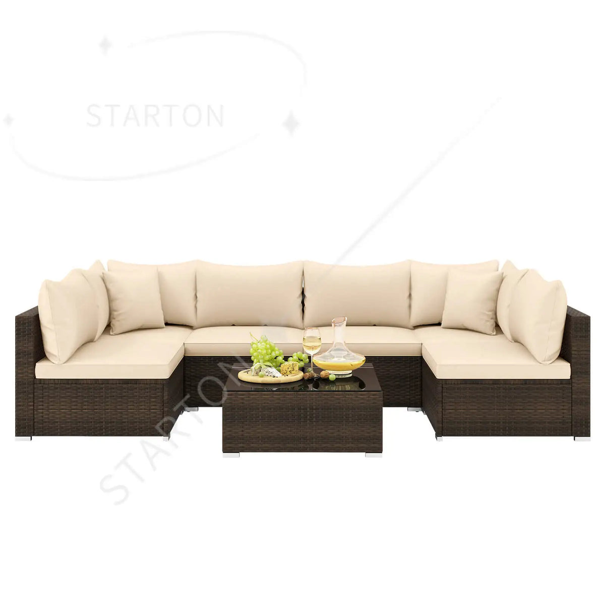 Hot Sale Item 7 PCS Patio Rattan Furniture Set Sectional Sofa Cushioned Garden Brown