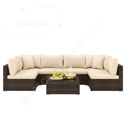 Hot Sale Item 7 PCS Patio Rattan Furniture Set Sectional Sofa Cushioned Garden Brown
