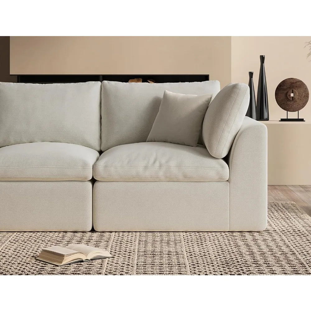 White cloud shaped sofa with L-shaped lounge chair, modern modular sofa with deep seat, suitable for living room, bedroom