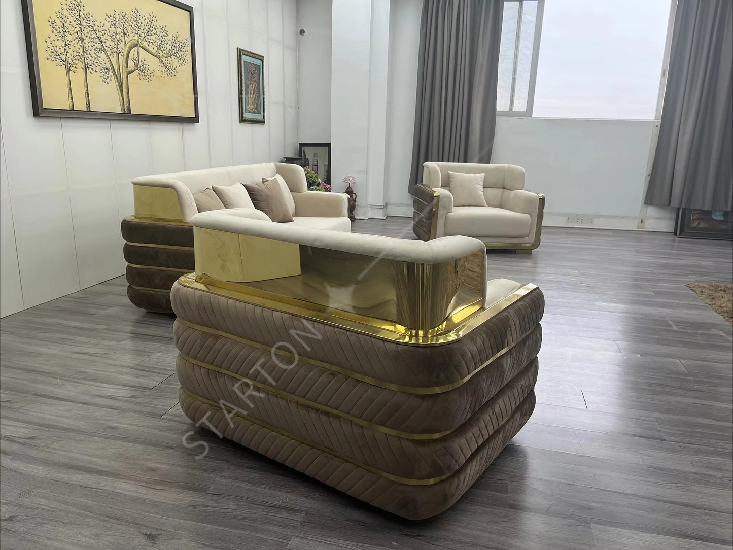 Newest Modern Luxury Velvet Upholstered Living Room Sofa Set Stainless Steel Frame for Home Villa Living Room Furniture