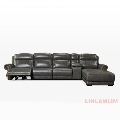 MINGDIBAO Luxury Genuine Leather Power Recliner Sofa Set, L Shape Electric Reclining Couch with Nailhead Trim, Home Theater Seat