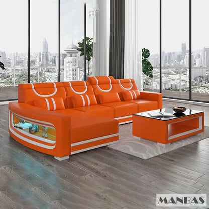 Upgrade Your Living Room with MANBAS Italian Genuine Leather Sofa - 2 Colors Combination, LED Light & Soft Cushions