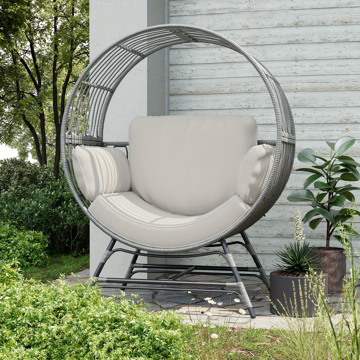 Wicker Round Egg Chair, Oversized Outdoor Lounger For Patio, W/ 4 Cushions, Steel Frame, 330lbs, Rattan Moon Chair