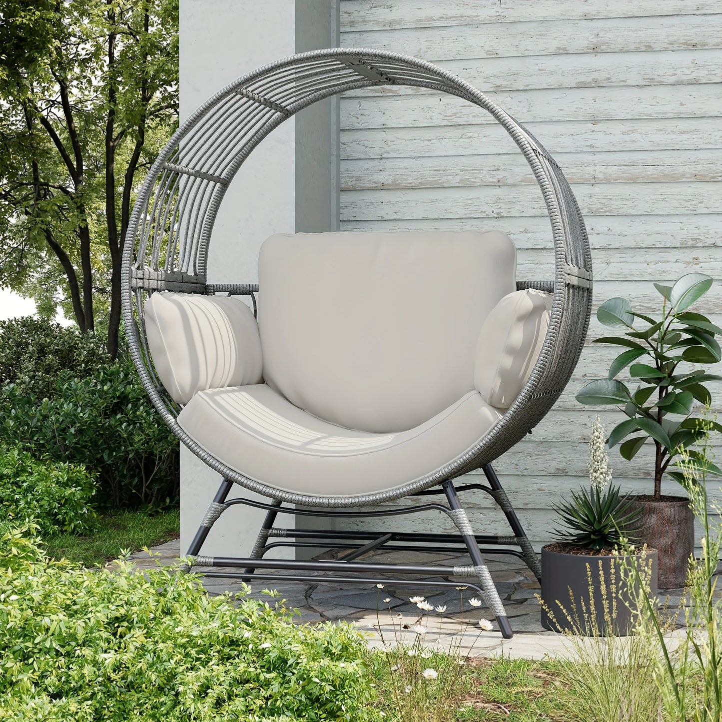 Wicker Round Egg Chair, Oversized Outdoor Lounger For Patio, W/ 4 Cushions, Steel Frame, 330lbs, Rattan Moon Chair