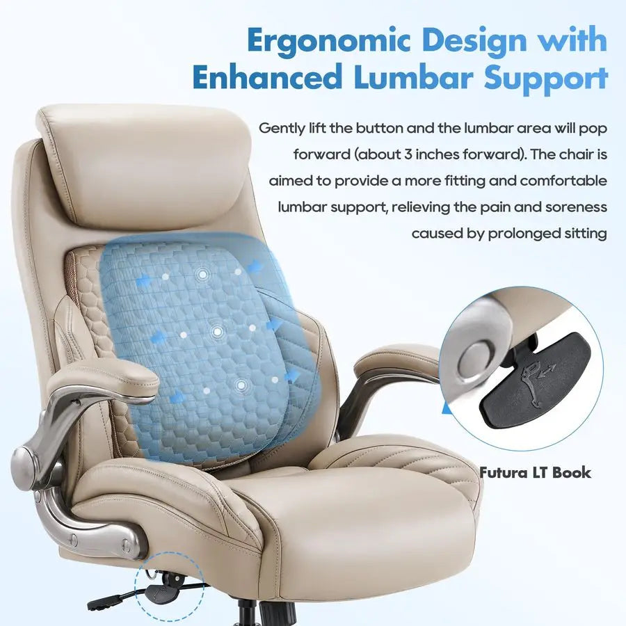 Office Ergonomic Desk High Back Executive Chair with PopOut Lumbar Support, Upgraded Casters, Adjustable Headrest, FlipUp Arms,