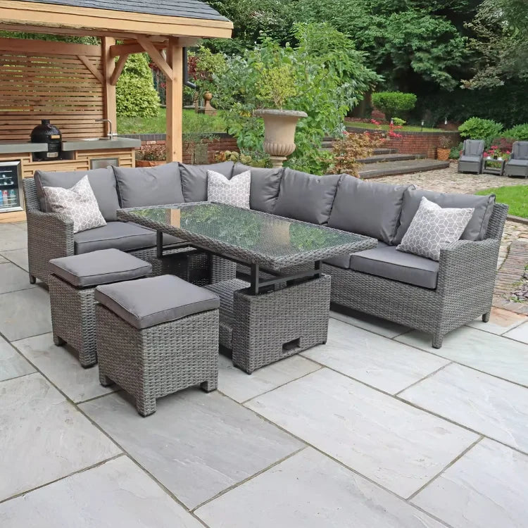 Outdoor Modern Furniture Hotel Villa Terrace Outdoor Rattan Garden Sofa Rattan Lounge Dining Set with Rise and Fall Table