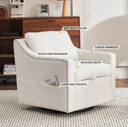 Teddy Fabric Swivel Accent Chair Single Sofa Chair with Upholstered One Back Pillow Armrest Rivets for Home Office Living Room