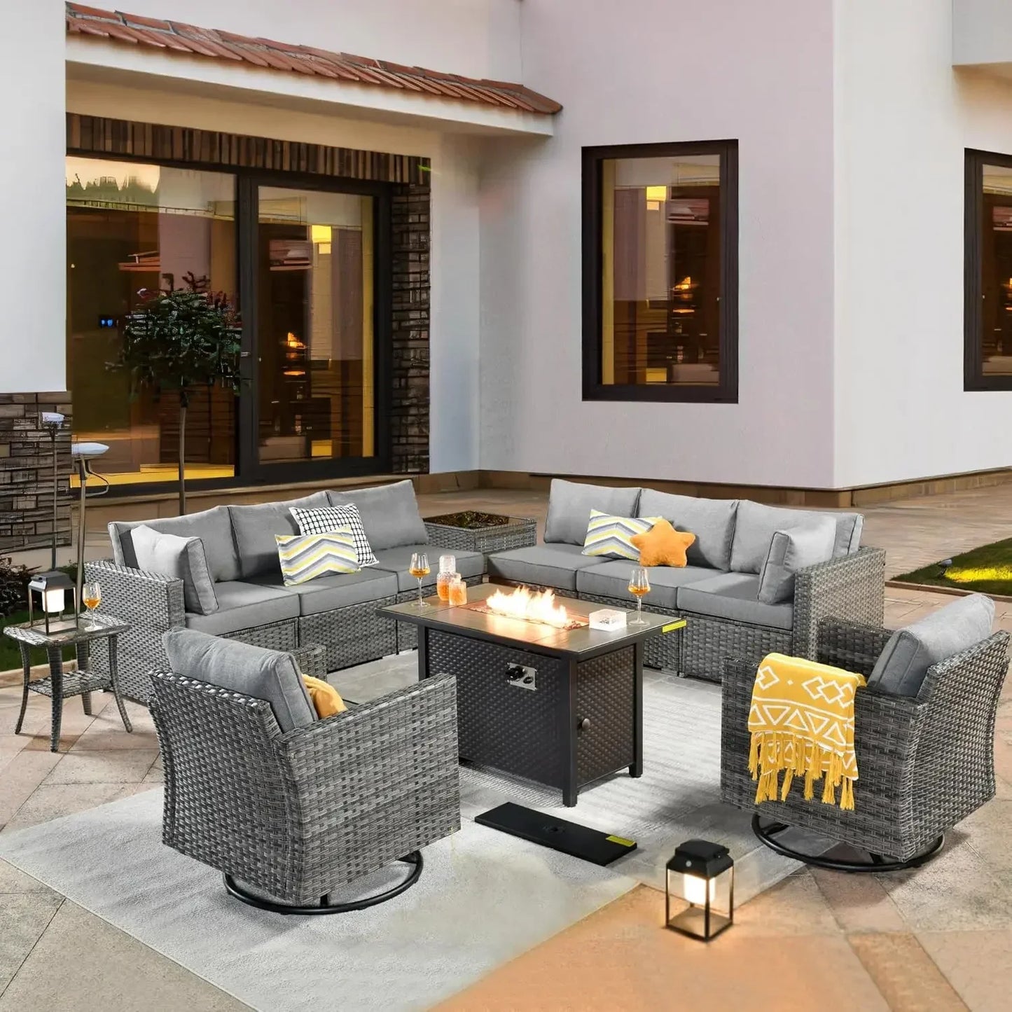 Outdoor Patio Furniture Set with Fire Pit Table,Conversation Sectional Wicker Couch with Modern Outside Sofa  for Balcony