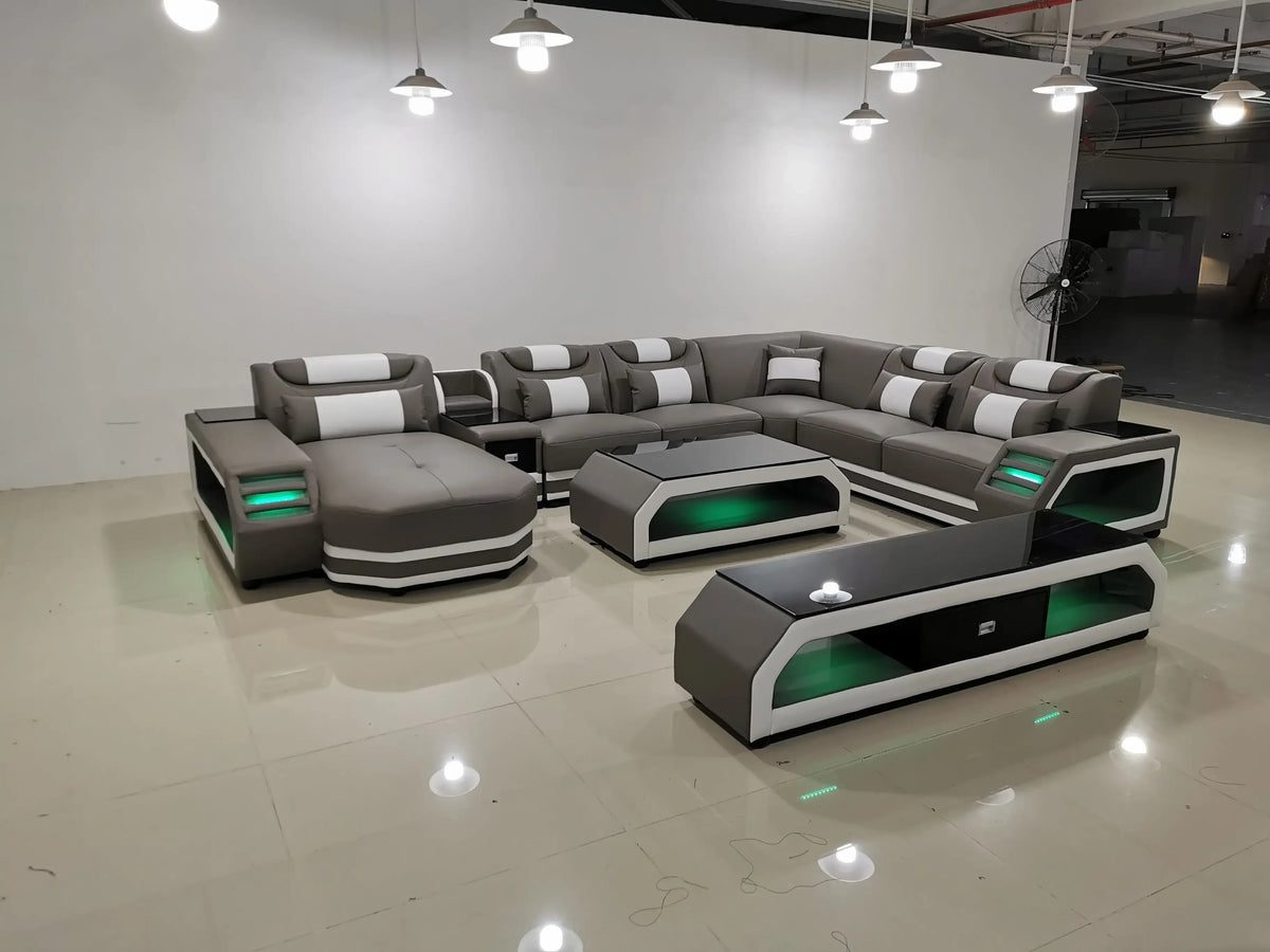 Luxury Italy Design Sectional Sofa Bed Modern LED Living Room Furniture Genuine Leather Sofas Sets