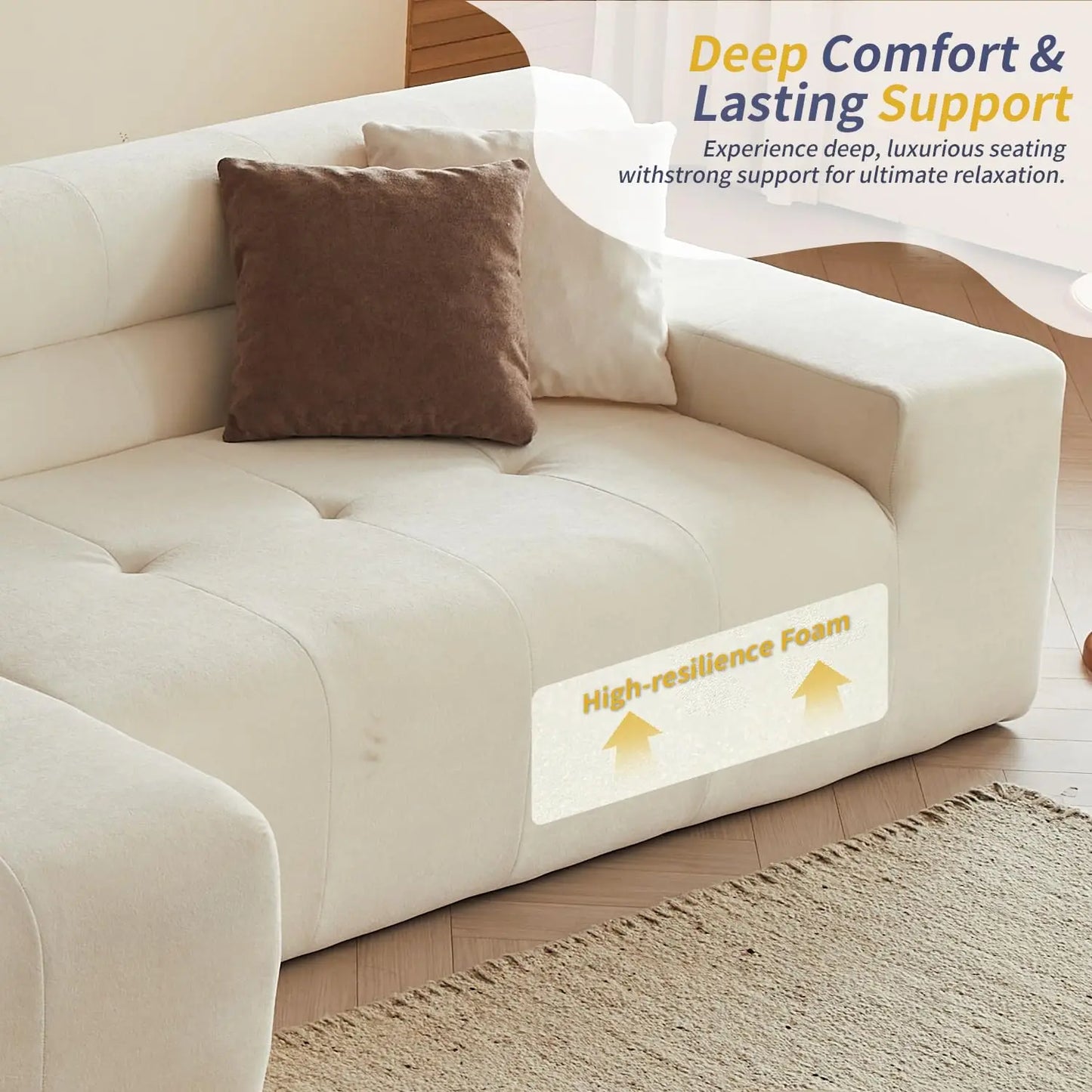 120" Tufted L-Shape Sectional Sofa Deep Seat Oversized Chaise Living Room White Customized