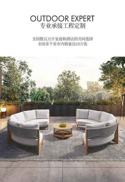 Outdoor sofa teak rattan furniture outdoor courtyard balcony garden waterproof sun protection circular arc solid wood sofa