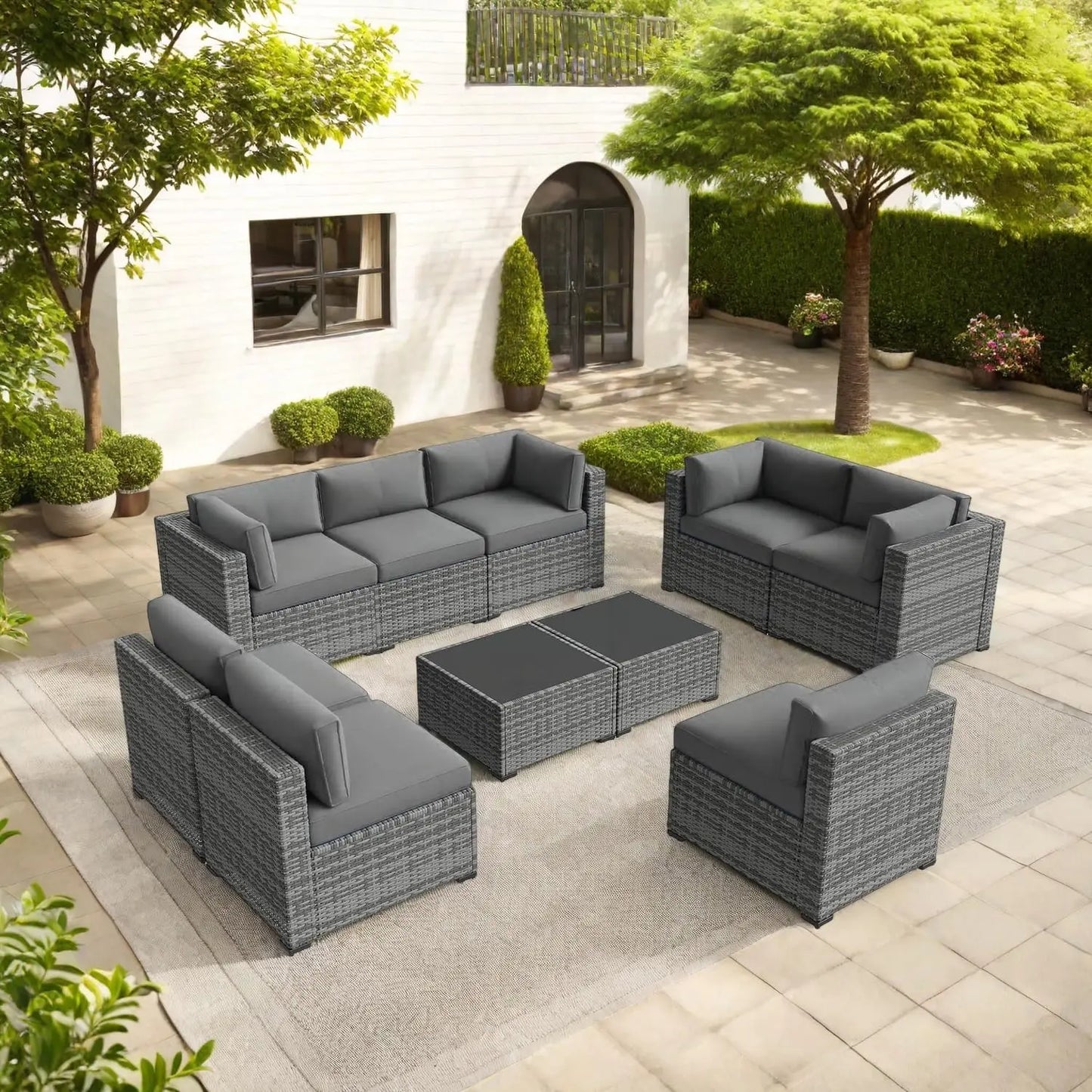 7-Piece Outdoor Rattan Sectional Sofa Set, Gray Wicker Patio Furniture Sets with Navy Blue Cushions for Balcony, Porch, Backyard
