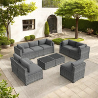 7-Piece Outdoor Rattan Sectional Sofa Set, Gray Wicker Patio Furniture Sets with Navy Blue Cushions for Balcony, Porch, Backyard