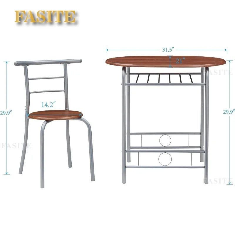 Premium 3 Piece Wood Round Table & Chair Set for Dining Room Kitchen Bar Breakfast, with Wine Storage Rack, Space Saving