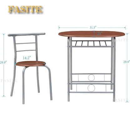 Premium 3 Piece Wood Round Table & Chair Set for Dining Room Kitchen Bar Breakfast, with Wine Storage Rack, Space Saving