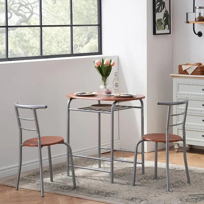 Premium 3 Piece Wood Round Table & Chair Set for Dining Room Kitchen Bar Breakfast, with Wine Storage Rack, Space Saving