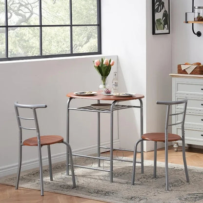 Premium 3 Piece Wood Round Table & Chair Set for Dining Room Kitchen Bar Breakfast, with Wine Storage Rack, Space Saving