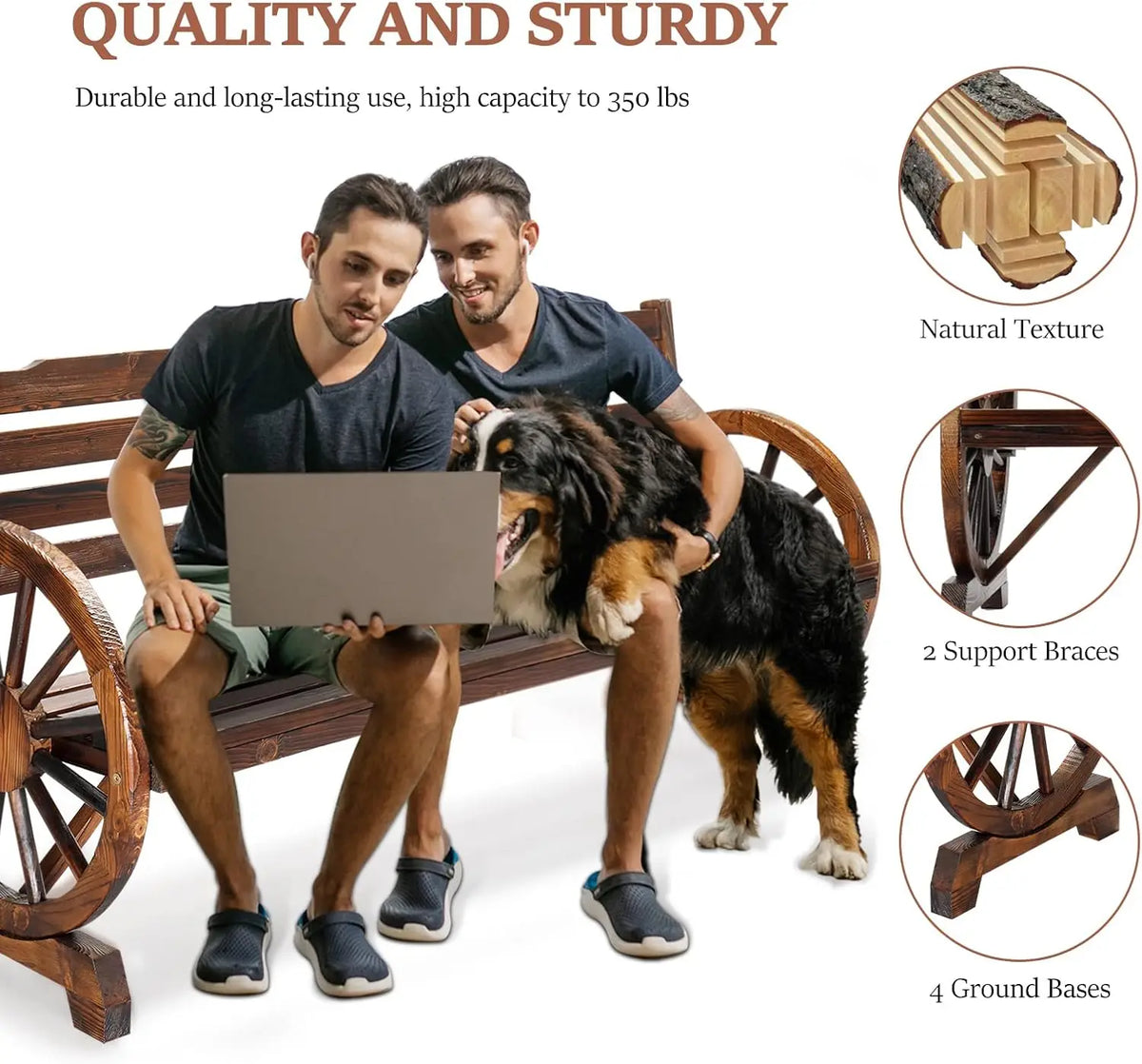 Rustic Wooden Outdoor Bench with Wagon Wheel Arms, 3-Seater Garden Patio Furniture for Porch or Yard