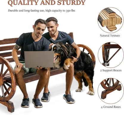 Rustic Wooden Outdoor Bench with Wagon Wheel Arms, 3-Seater Garden Patio Furniture for Porch or Yard
