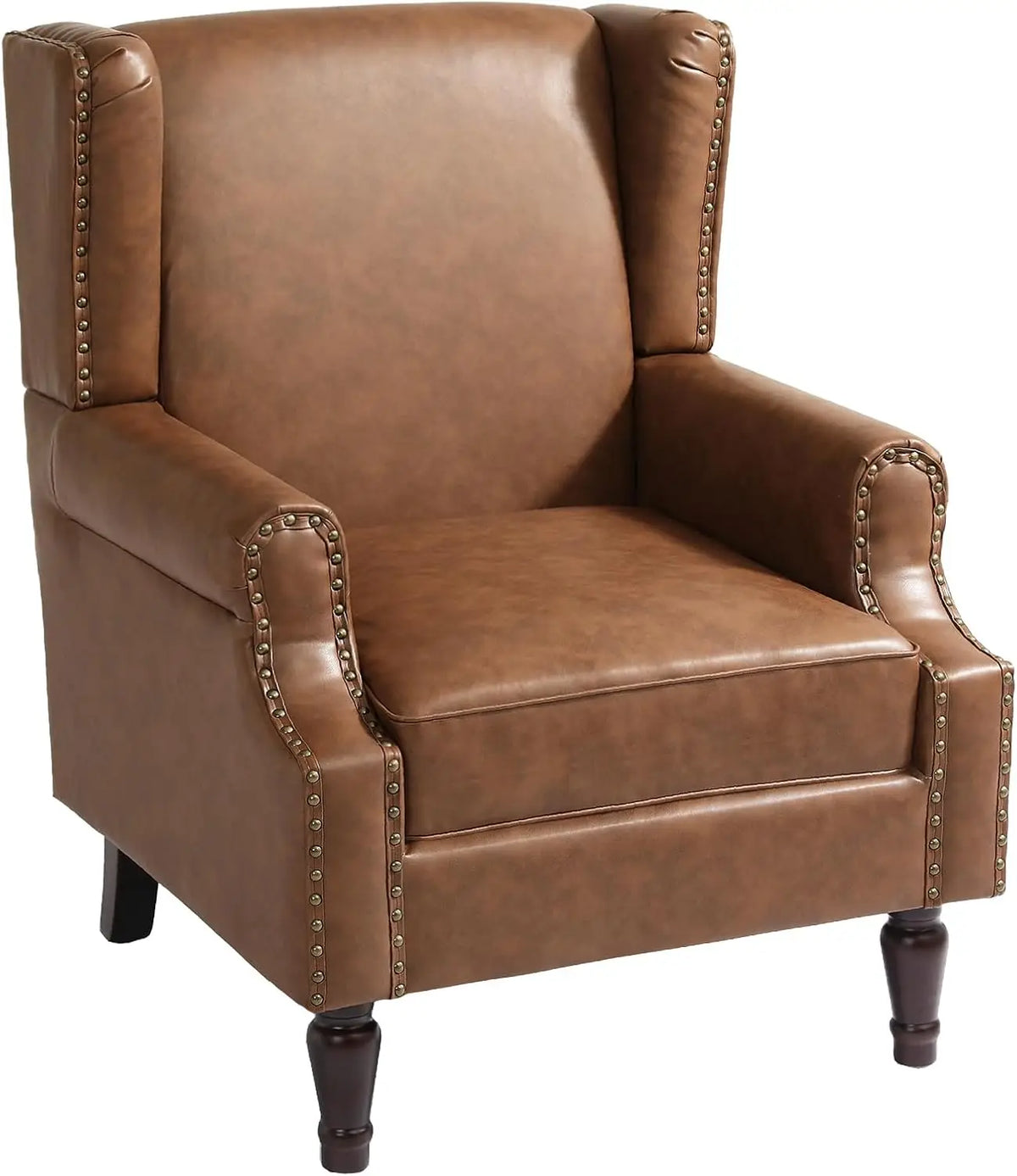 PU Leather High Back Accent Chair, Retro Wingback Armchair with Nail Trim, Solid Wood Legs - Brown