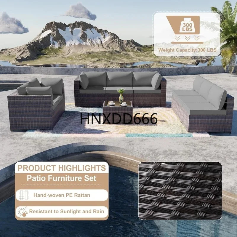 Outdoor Patio Sectional Sofa Set - 9 Piece Brown PE Rattan Conversation Furniture