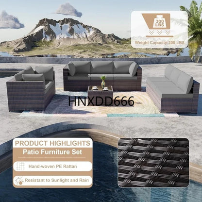 Outdoor Patio Sectional Sofa Set - 9 Piece Brown PE Rattan Conversation Furniture