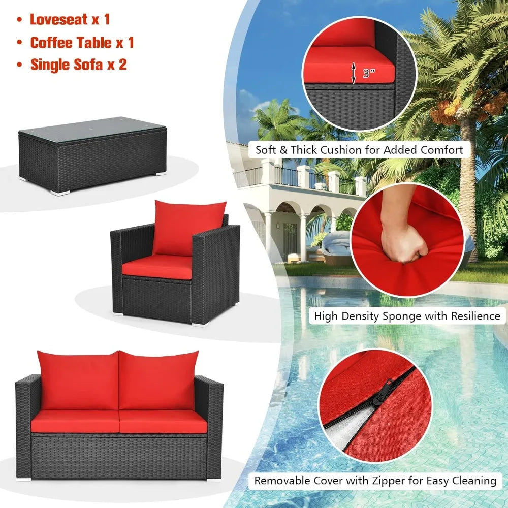 4 Piece Patio Rattan Conversation Furniture Set, Outdoor Wicker Sofa Set with Padded Cushion & Tempered Glass Coffee Table, Wic