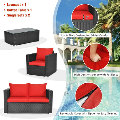 4 Piece Patio Rattan Conversation Furniture Set, Outdoor Wicker Sofa Set with Padded Cushion & Tempered Glass Coffee Table, Wic